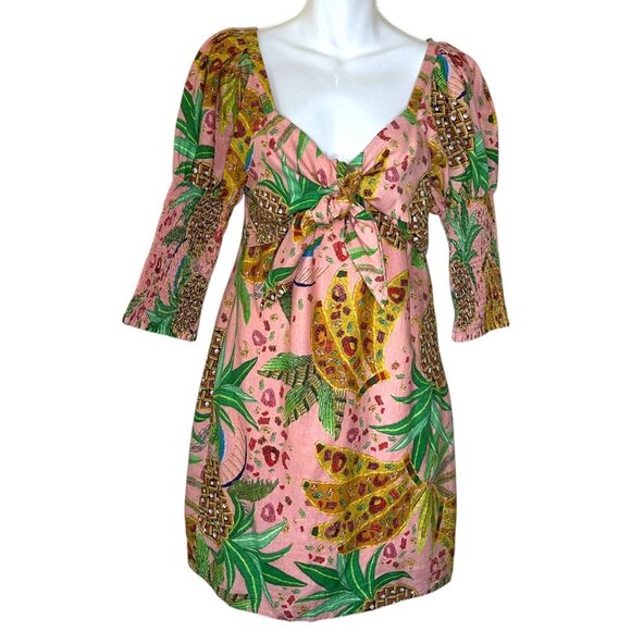 Farm Rio Mixed Fruits Mini Dress Womens Sz S Smocked Tropical Linen Blend Resort - Picture 3 of 12